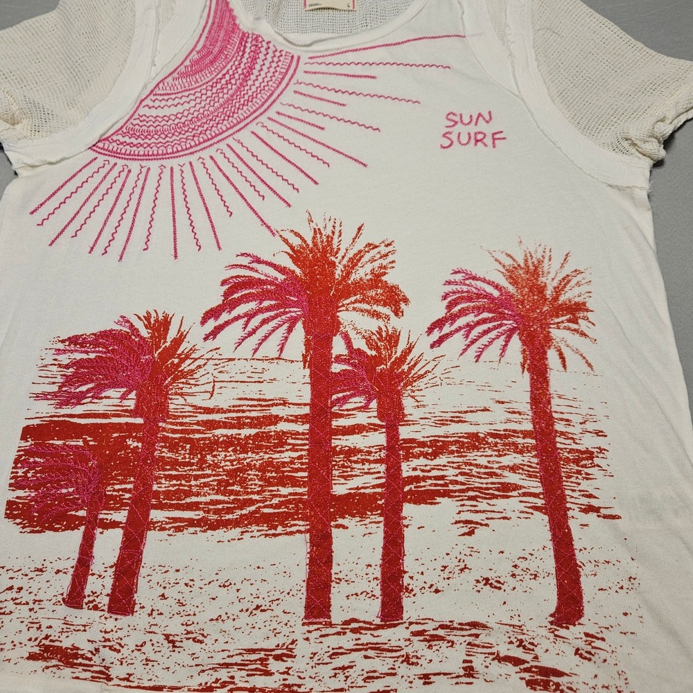 We The Free Sun Surf Graphic Tee Women L Ivory Embroidered Mesh Sleeve OB1999597